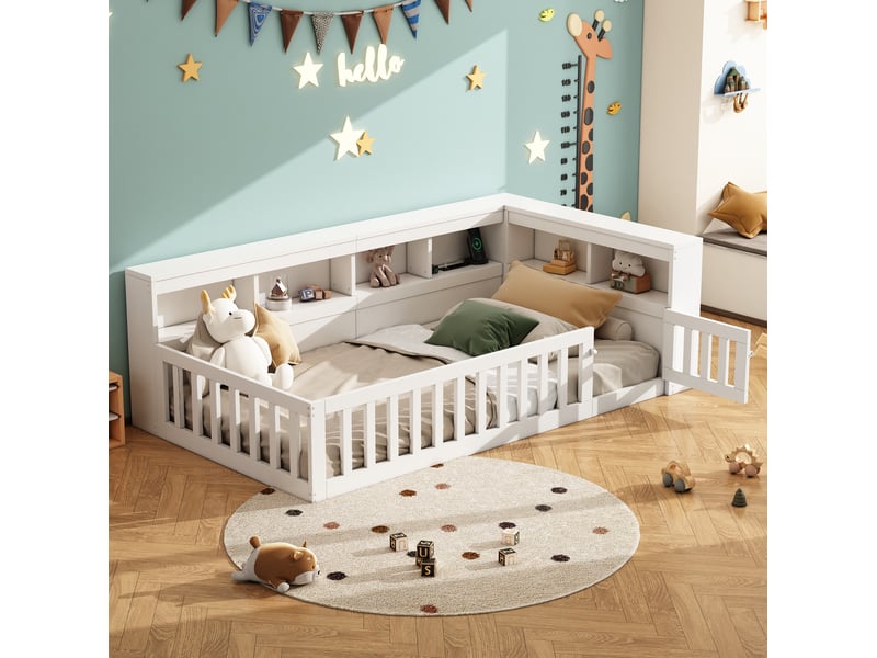 Lit enfant 90x200cm, sommier, garde-corps, tête de lit, port usb, rangement inclus, aggloméré, blanc, sans matelas - Conforama B