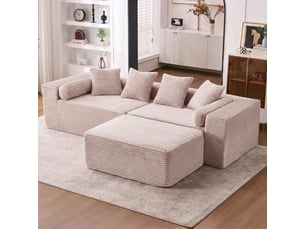 Canapé d'angle modulable beige en tissu chenille, canapé nuage avec méridienne, salon et chambre