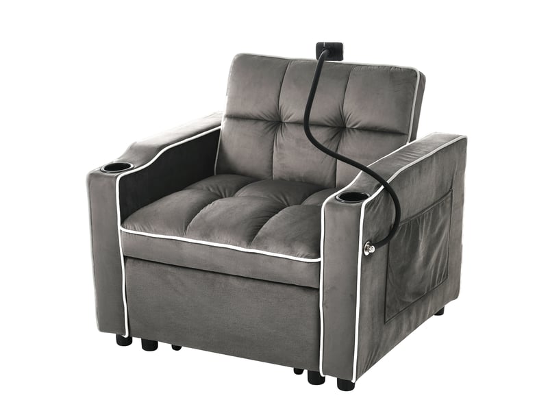  Fauteuil convertible 3-en-1 avec dossier réglable, porte-gobelets et support téléphone, velours gris foncé, 83 × 167 × 76 cm  - Conforama A