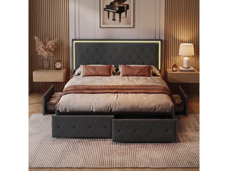 Lit adulte 140 x 200 avec sommier - 4 tiroirs de rangement - éclairage led d'ambiance - pu - gris  - Conforama D