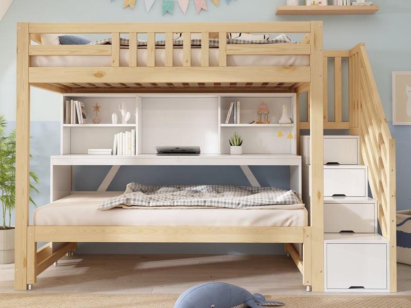 Lit superposé enfant 90 × 200 + 90 × 190 cm en bois avec lit gigogne, bureau mobile, escalier rangement et étagère - Conforama B
