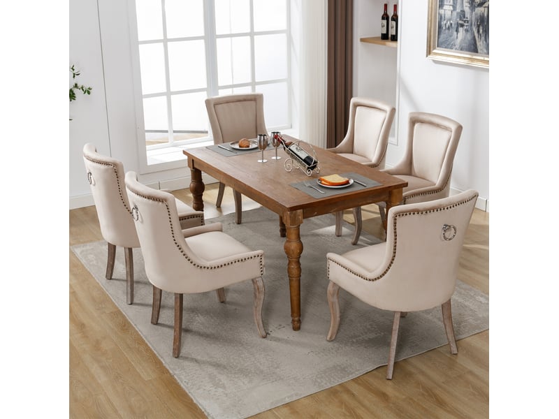 Chaise de salle à manger 6 pièces avec dossier rembourré, clous décoratifs et structure stable en velours beige  - Conforama E