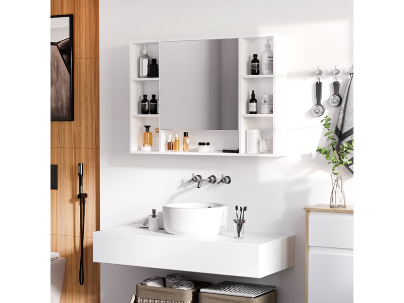 Armoire murale salle de bain avec miroir, meuble salle de bain, blanc, 7 étagères ouvertes et placard,100 x 15 x 70 cm - Conforama A