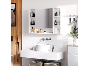 Armoire murale salle de bain avec miroir, meuble salle de bain, blanc, 7 étagères ouvertes et placard,100 x 15 x 70 cm