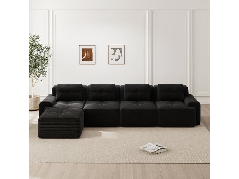  Canapé d'angle modulable ulevr 4 places avec méridienne, sans montage, velours côtelé noir, 382 x 177 x 69 cm  - Conforama E