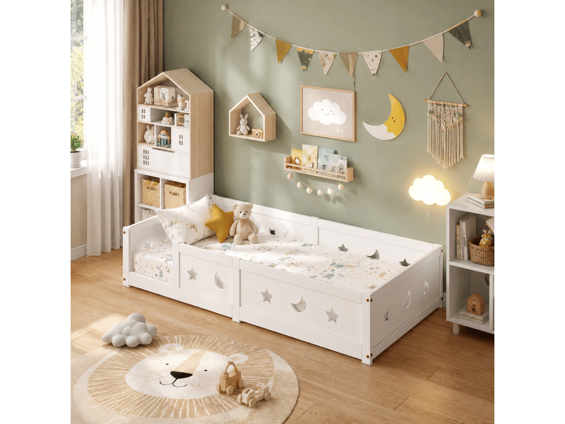  Lit enfant 90x200 cm, lit montessori au sol, cadre de lit bois avec barrières de sécurité, lit bébé avec sommier à lattes pour enfant, blanc  - Conforama B