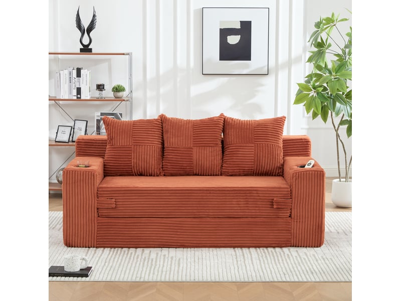 Canapé modulaire 3 places extensible avec porte-gobelets et poches latérales en velours côtelé orange, 172 × 87 × 64 cm - Conforama D