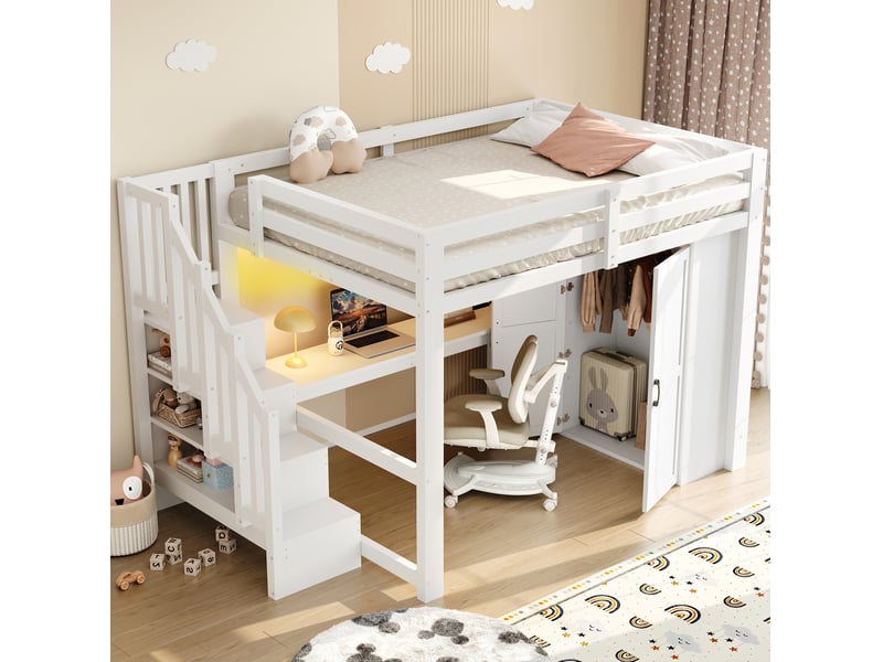 Lit mezzanine 140 x 200 cm blanc avec bureau, étagères, armoire, escalier de rangement, usb et led - Conforama D