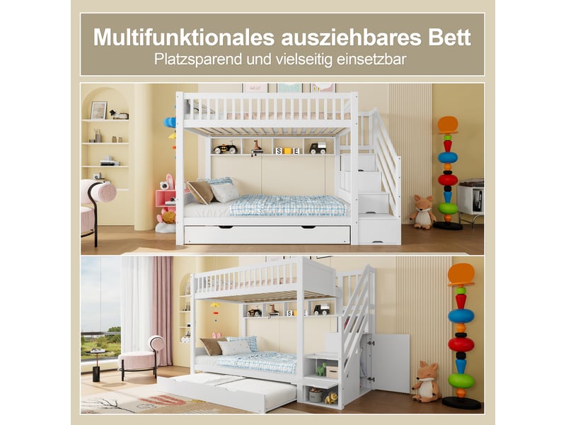  Lit superposé enfant 90x200 cm blanc, lit avec étagères de rangement, armoire et lit gigogne, structure en bois massif.  - Conforama R