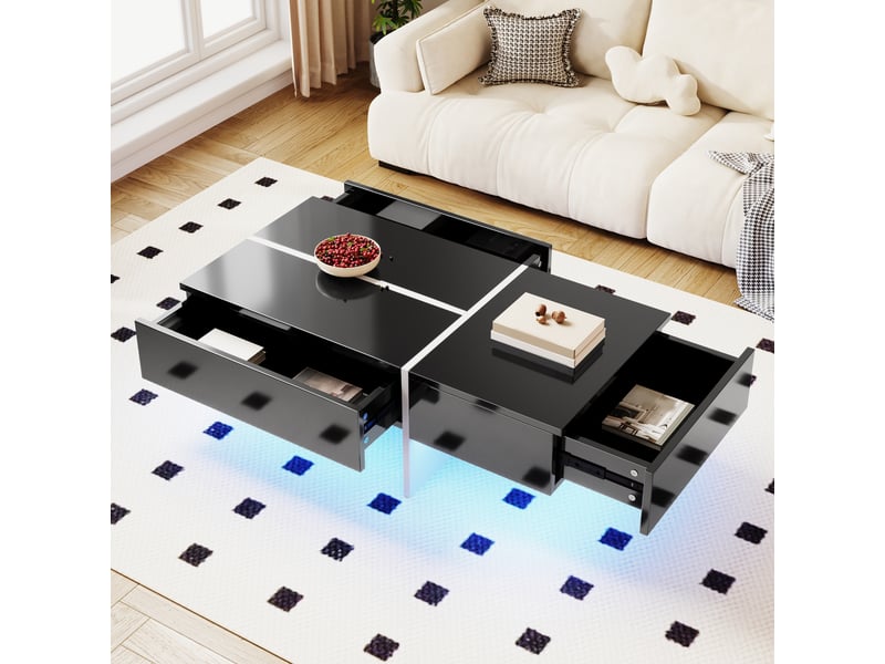  Table basse laquée avec 3 tiroirs et led contrôlé par application, pour salon, en panneau de particules, noir, 100×50×34,5 cm  - Conforama B