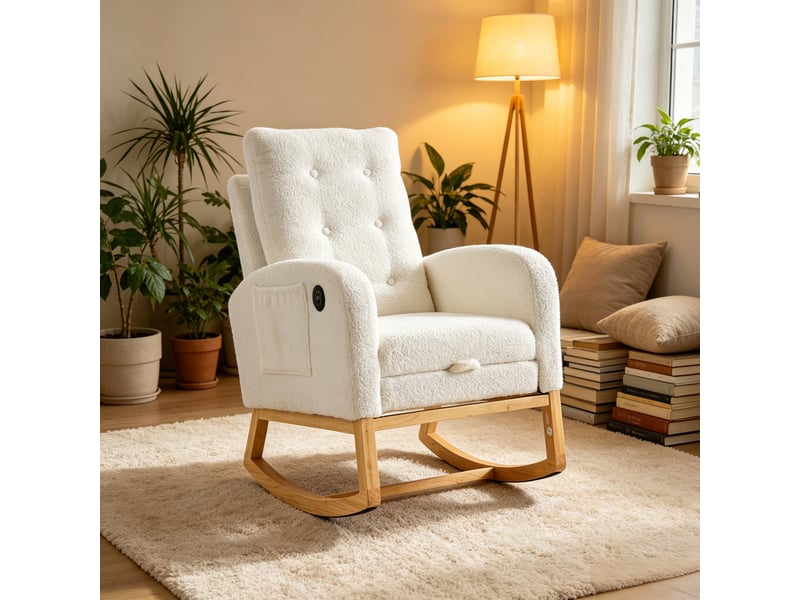  Fauteuil à bascule bouclette blanc avec repose-pieds et port usb, structure en bois massif, 66,5x121,5x102 cm  - Conforama D