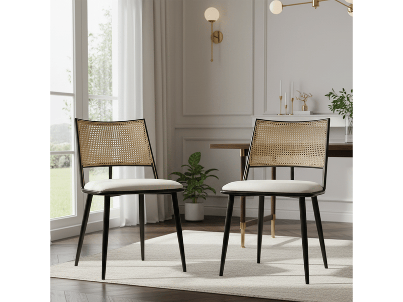  Lot de 2 chaises de salle à manger avec dossier en rotin et assise rembourrée, en pu et métal noir  - Conforama C