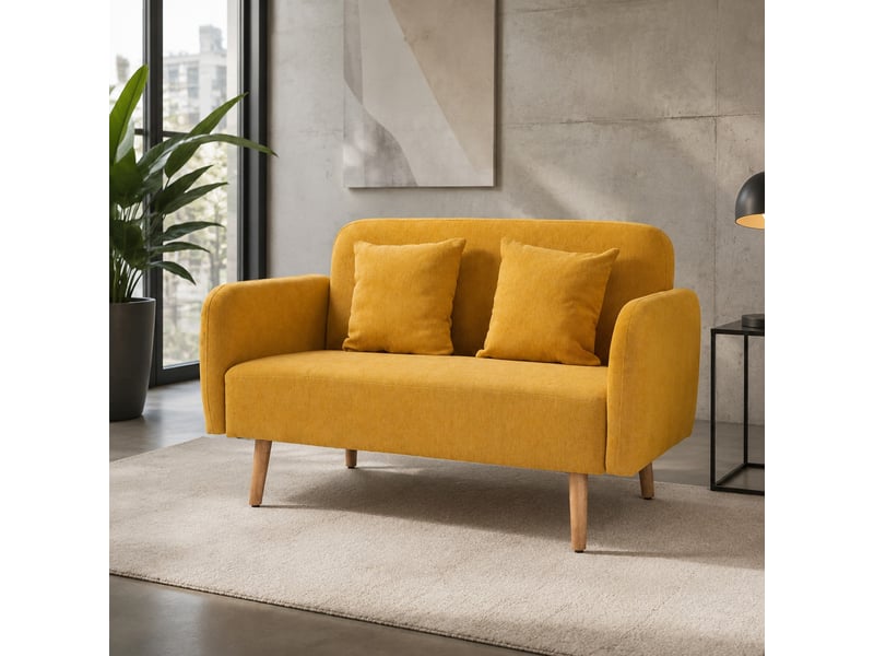  Canapé droit 130x70x80cm 2 places, allure moderne, 2 coussins, pour salon, piètement en bois, tissu polyester, jaune  - Conforama B