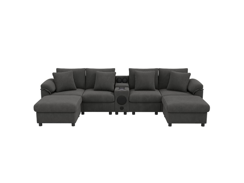 Canapé d'angle modulable avec console bluetooth en velours côtelé gris - Conforama A