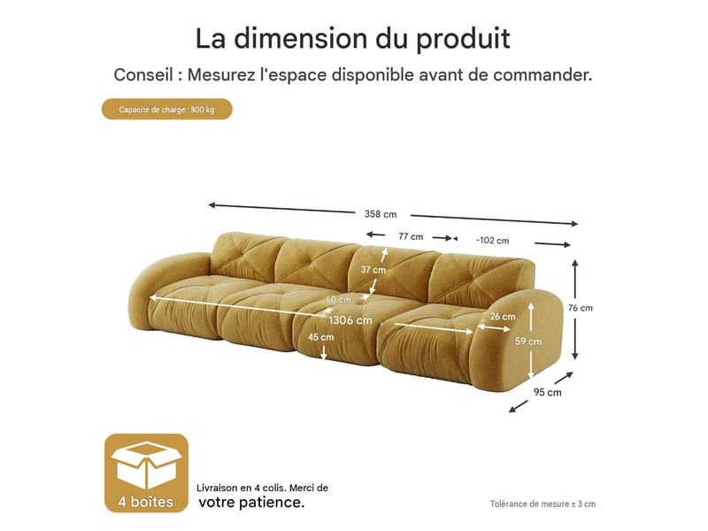  Canapé modulable 4 places en tissu chenille jaune 358 x 95 x 76 cm W3325S00348 - Conforama C