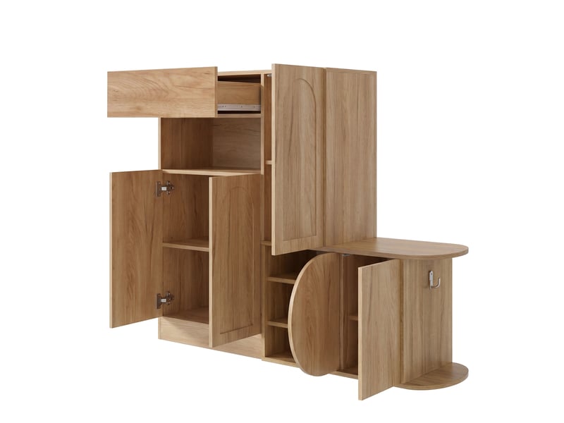Meuble à chaussures 130x35x110,5 cm avec banquette, 5 portes, 1 tiroir et niche ouverte, grand rangement - Naturel Fay Lum - Conforama E