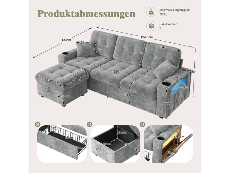 Canapé d’angle 3 places en chenille 194,5x133x83 cm, avec usb-c et led, porte-gobelets, rangements latéraux, 2 tiroirs et pouf coffre, gris - Conforama C
