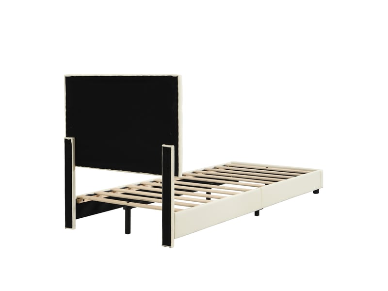  Lit enfant simple 90x200 cm tête biscuit, tête de lit et bords mousse anti-choc, pu+métal beige sans matelas  - Conforama R