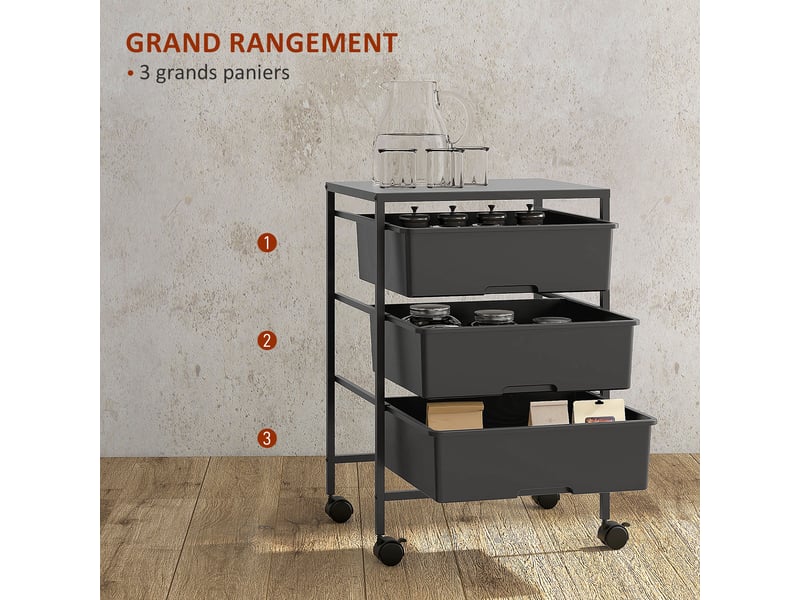  Desserte à roulettes en acier et pp avec 3 paniers et plateau 40,8x33,5x60,5 cm  - Conforama D