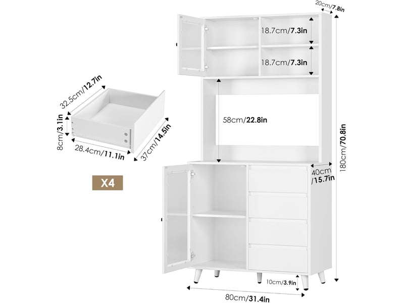  Armoire cuisine 190cm, buffet vaisselier haut avec portes vitrées  - Conforama B