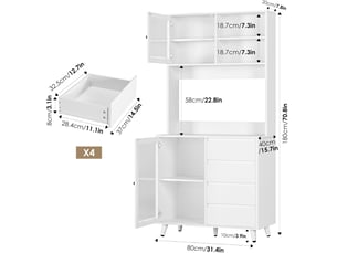 Armoire cuisine 190cm, buffet vaisselier haut avec portes vitrées