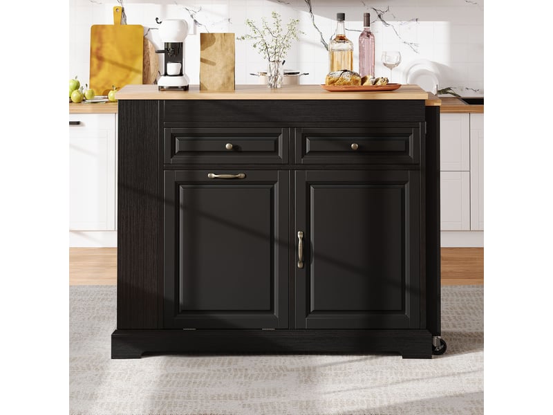 Îlot de cuisine sur roulettes noir avec plan de travail extensible, compartiment poubelle et tiroirs, 112-180 cm - Conforama E