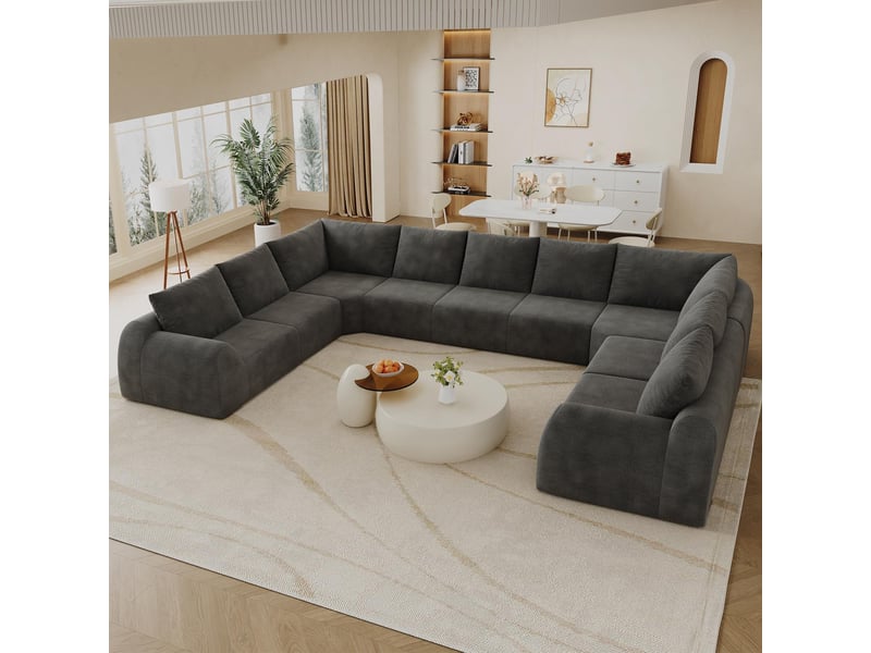  Canapé 9 places panoramique en u - 344x200x85cm - mousse haute résilience avec tissu chenille sans montage - gris foncé  - Conforama C