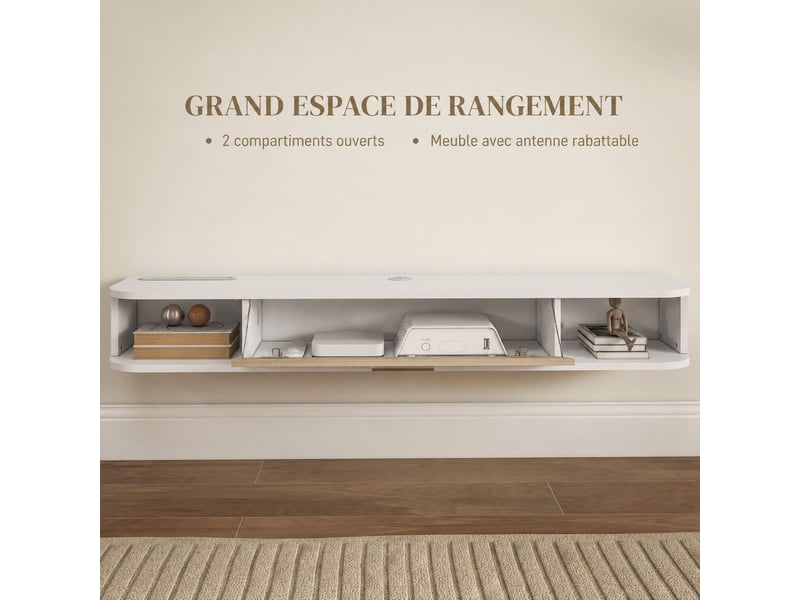  Meuble tv suspendu mural pour écran jusqu'à 50 pouces, blanc et effet chêne, 120 x 26 x 16 cm  - Conforama E