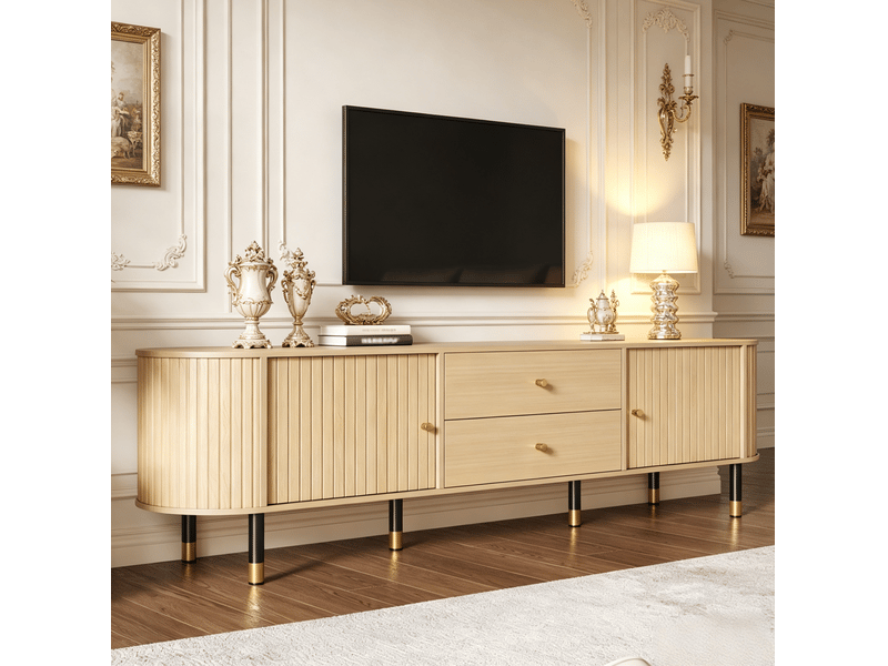  Meuble tv avec 2 tiroirs, 2 portes coulissantes et passe-câbles, pour salon, finition bois naturel, 180 × 40 × 58 cm  - Conforama D