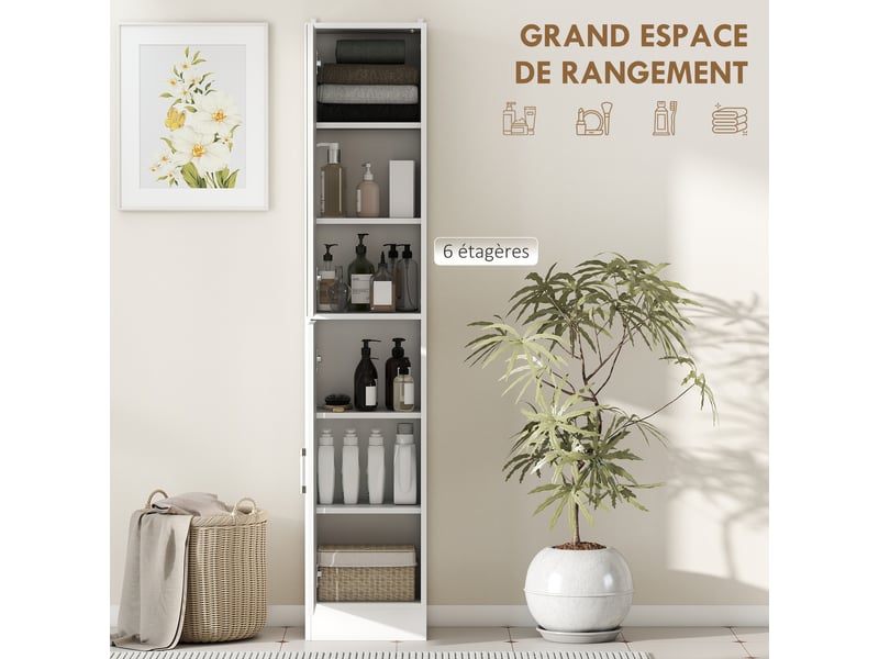 Meuble colonne salle de bain avec miroir, meuble de rangement à 6 niveaux 2 portes étagères réglables 32x28x162cm blanc  - Conforama D