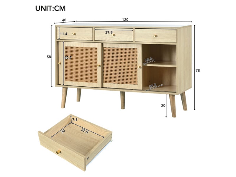  Buffet en rotin, avec 3 tiroirs et 3 portes coulissantes, pied bois massif, poignée métal,étagères réglables, 120x40x78cm, chêne  - Conforama C