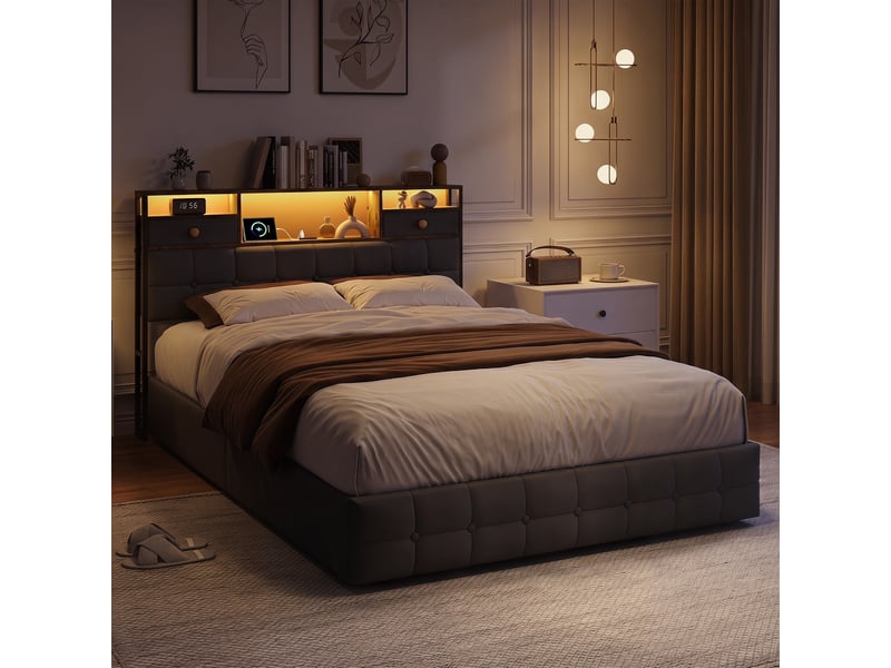  Lit 140x200 avec 4 tiroirs, lit adulte avec led rgb et ports de charge, lit double, tête de lit avec rangement intégré, tissu velours, moderne, gris  - Conforama D