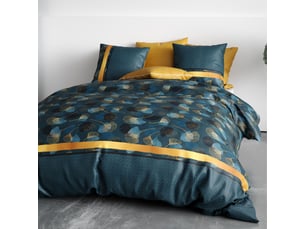 Parure housse de couette 260x240cm + 2 taies motif feuillage ginko bleu et jaune 100% coton - jayan