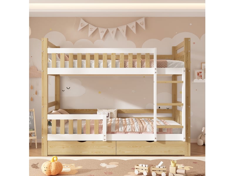  Lit superposé 90x200 cm, séparable en 2 lits, échelle, 2 tiroirs, bois blanc et naturel, sans matelas  - Conforama B