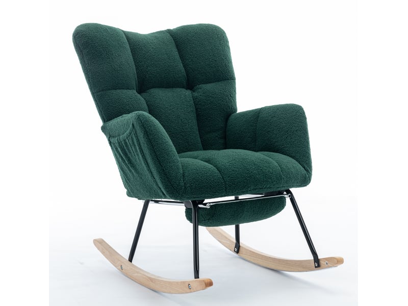 Fauteuil à bascule confortable, revêtement teddy, vert, relax, modèle à oreilles avec repose-pieds et porte de rangement - Conforama A
