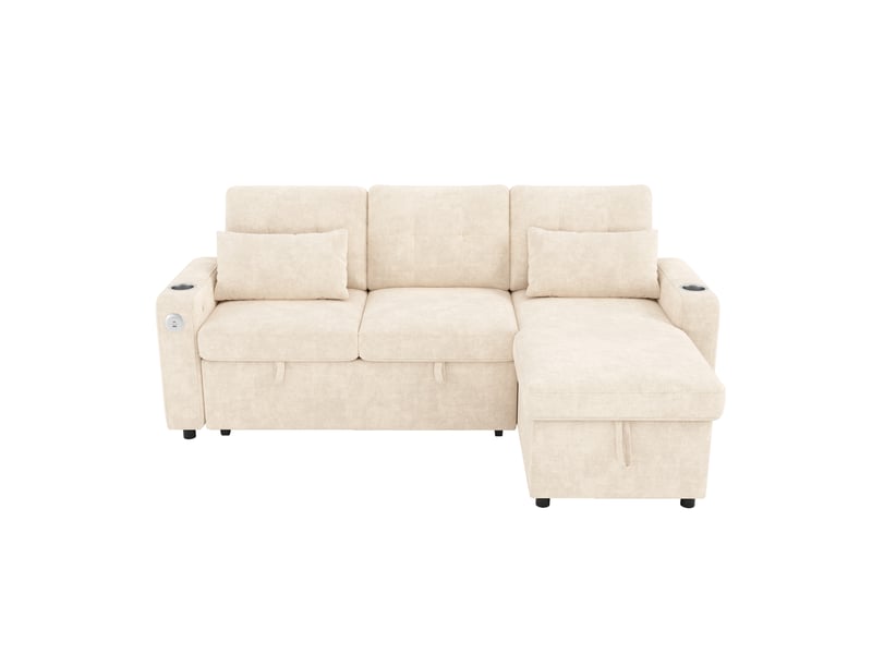  Canapé d'angle réversible convertible avec coffre, led, ports usb et usb-c, porte-gobelets, en chenille beige  - Conforama A