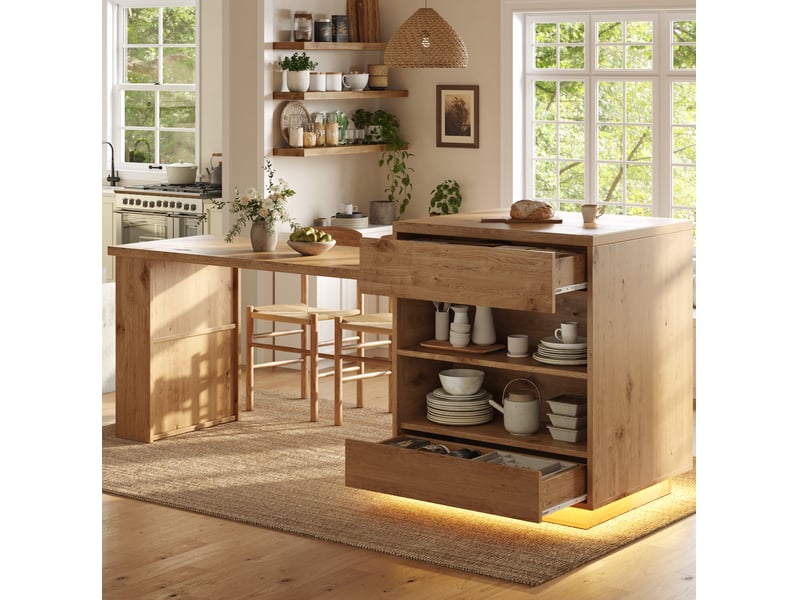 Îlot de cuisine extensible 122-194.5x70x94 cm avec 4 tiroirs, mdf naturel - Conforama W