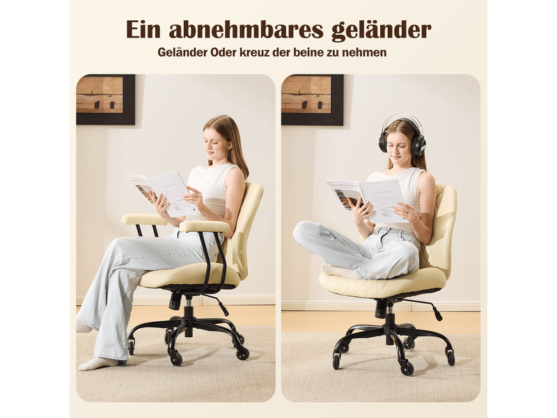 Chaise de bureau ergonomique avec dossier inclinable, accoudoirs amovibles et roulettes silencieuses en cuir crème  - Conforama E