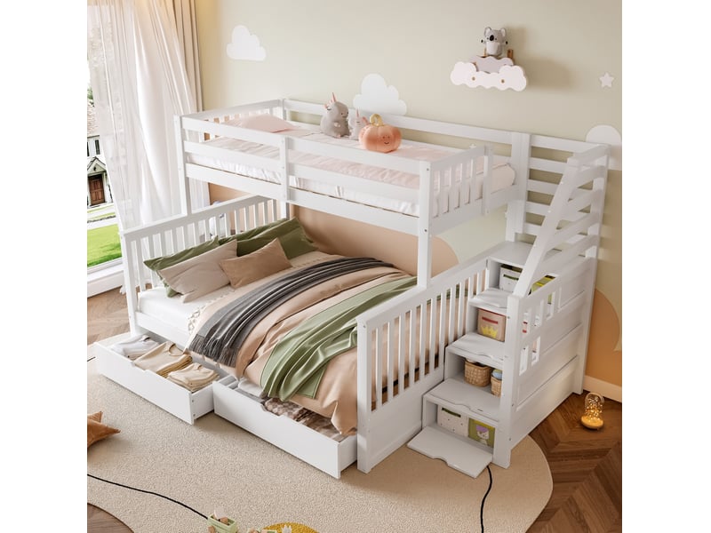  Modenvie lit superposé 90x200 cm + 140x200 cm - avec tiroirs et échelle latérale, sans matelas - blanc  - Conforama D