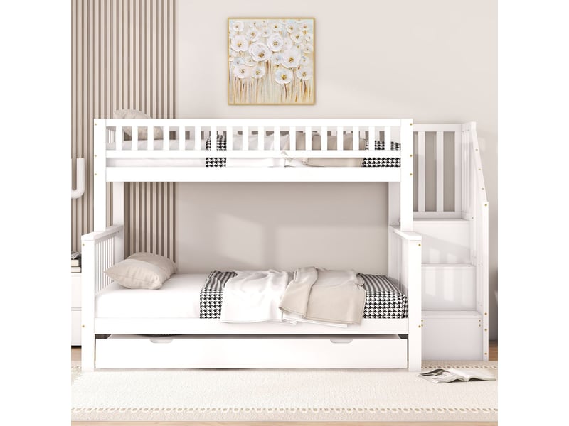  Lit superposé enfant - 90x200140x200 cm - escalier de rangement et lit gigogne - lit superposé - bois de pin massif blanc design  - Conforama B