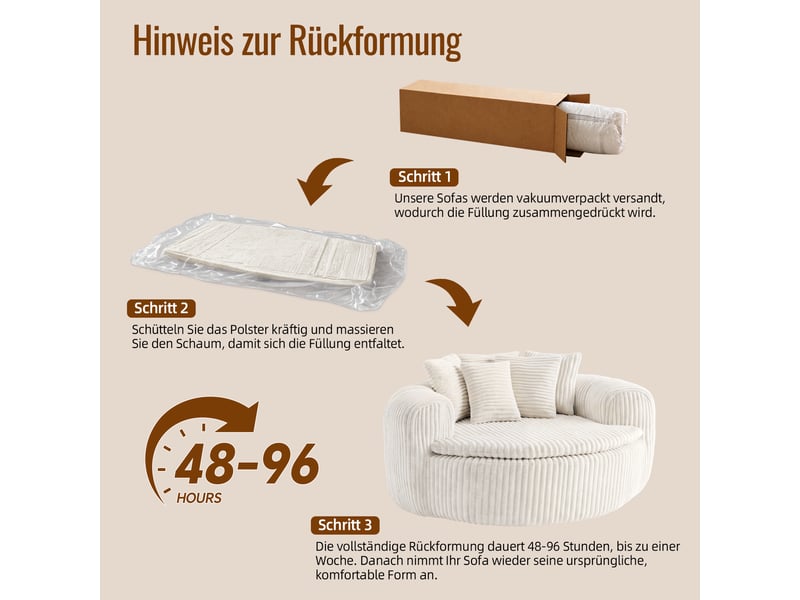  Fauteuil lounge 1 places en velours côtelé beige, assise profonde 89×90 cm, 5 coussins, sans montage, design arrondi  - Conforama W