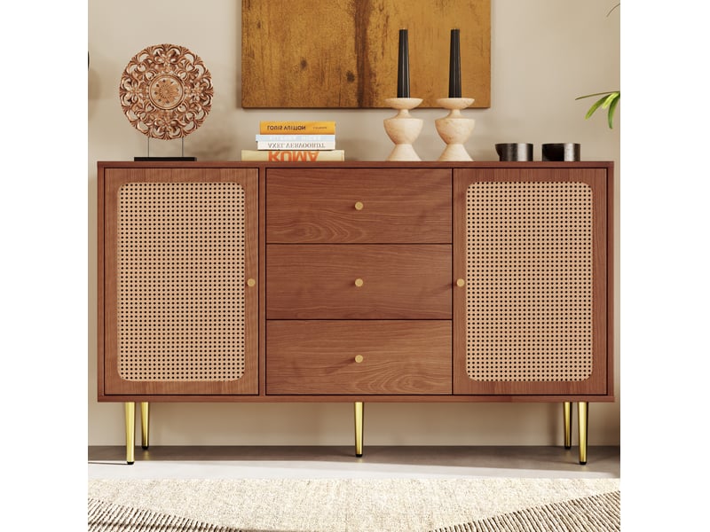  Buffet bas 2 portes et 3 tiroirs en noyer, étagère réglable, 150 x 40 x 90 cm  - Conforama C