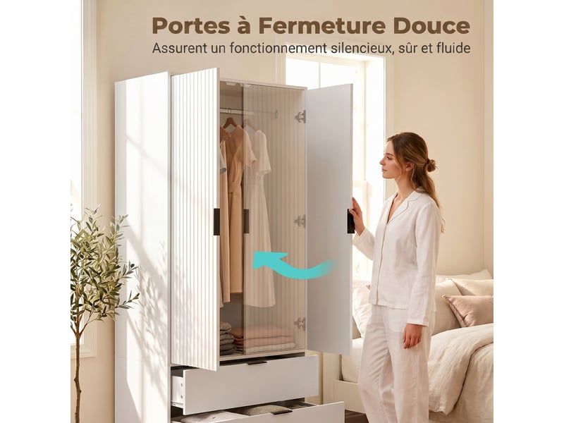  Armoire chambre penderie avec 2 portes à fermeture douce, 2 tiroirs et barre de suspension, blanc, 80x50x180cm  - Conforama R