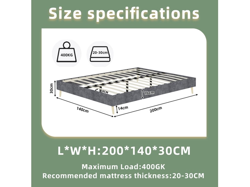  Lit adulte 140 × 200 cm 2 places avec tête de lit haute et espace sous lit, sans matelas, velours gris  - Conforama D
