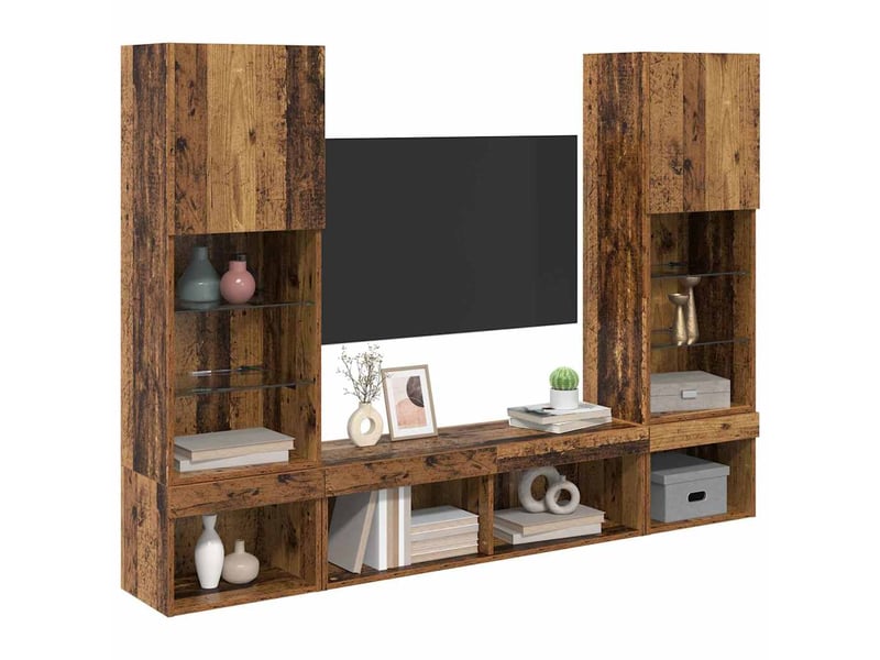  Meuble tv - unités murales tv avec led 5 pcs bois ancien bois d'ingénierie  - Conforama C