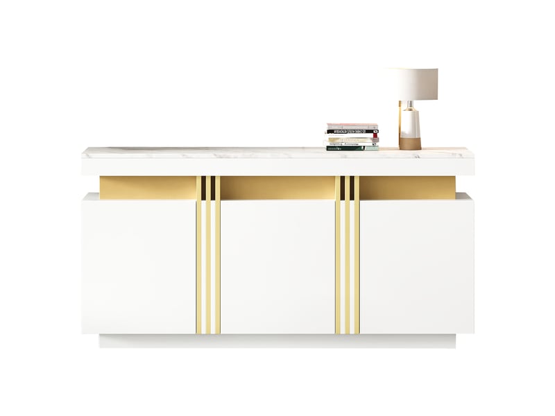  Buffet blanc moderne 140x38x70 cm, meuble rangement cuisine 3 portes sans poignée design platine  - Conforama A