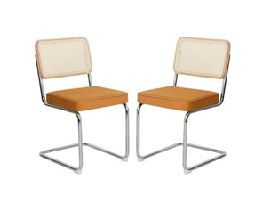 Lot de 4 chaises de salle à manger en velours orange, rotin tressé et acier chromé