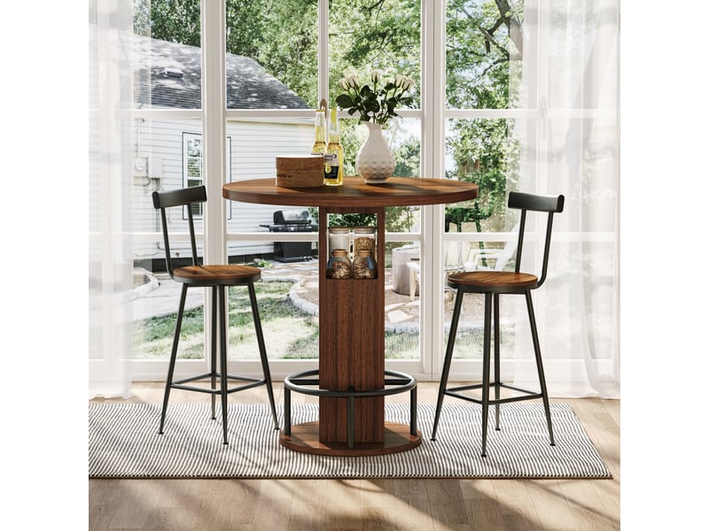 Ensemble bar 3 pièces avec table ronde 80 cm et 2 tabourets, noyer, acier - Conforama E