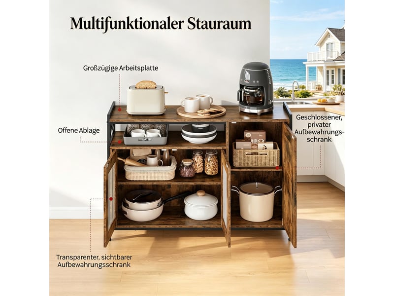  Buffet avec 2 portes, niche ouverte et étagères réglables pour cuisine 110×33×75 cm brun rustique  - Conforama C