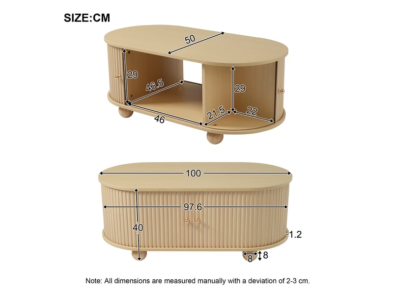  Table basse ovale en bois avec rangement 100x50x40 cm portes coulissantes rainurées meuble gain de place  - Conforama C